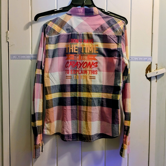 Upcycle American Eagle Outfitters Pink & Yellow Plaid Shirt Medium 17 Pit to Pit - Picture 3 of 5